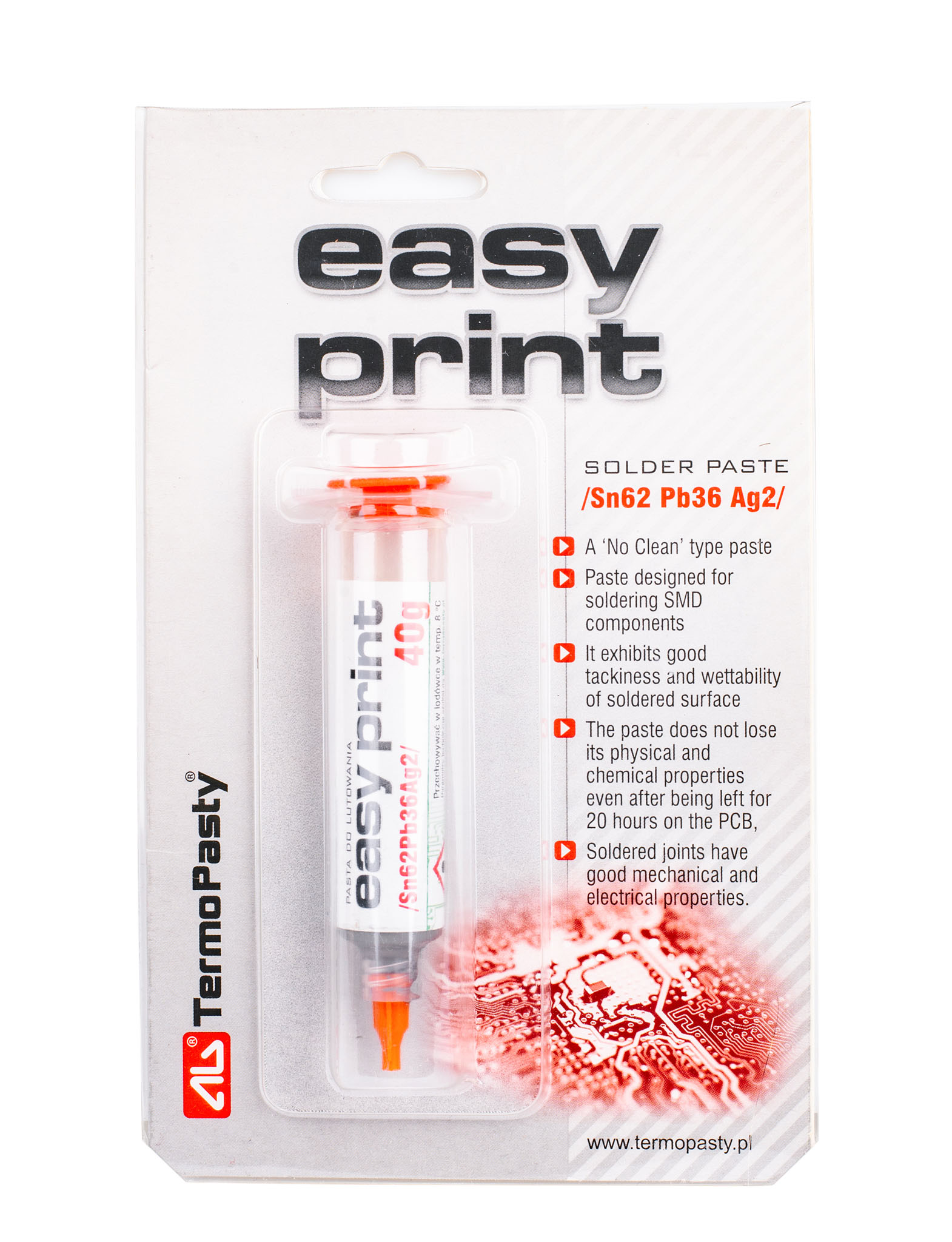 Opakowanie pasty lutowniczej Easy Print Sn62 Pb36 Ag2 20g idealnej do montażu powierzchniowego SMD.