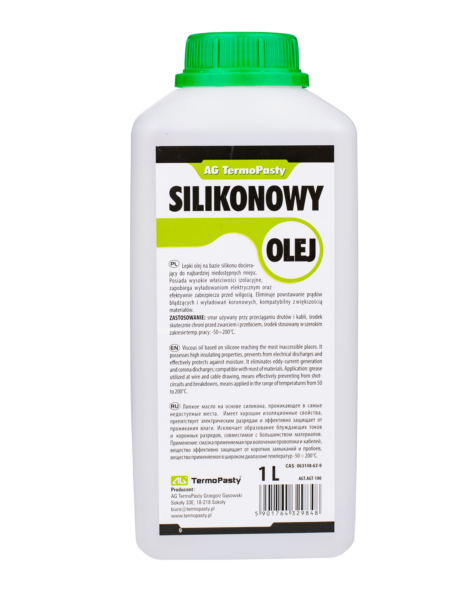 Butelka oleju silikonowego 1 L do większych zastosowań.