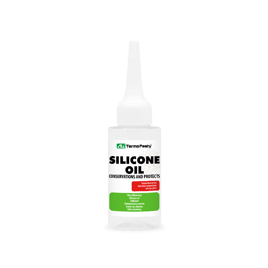 Olej silikonowy 50 ml w butelce z aplikatorem dla precyzyjnego stosowania.