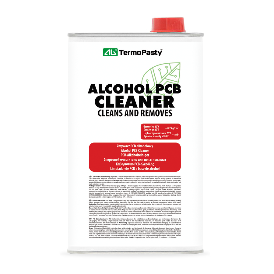 Zmywacz PCB alkoholowy w metalowym kanistrze o pojemności 1 litra.