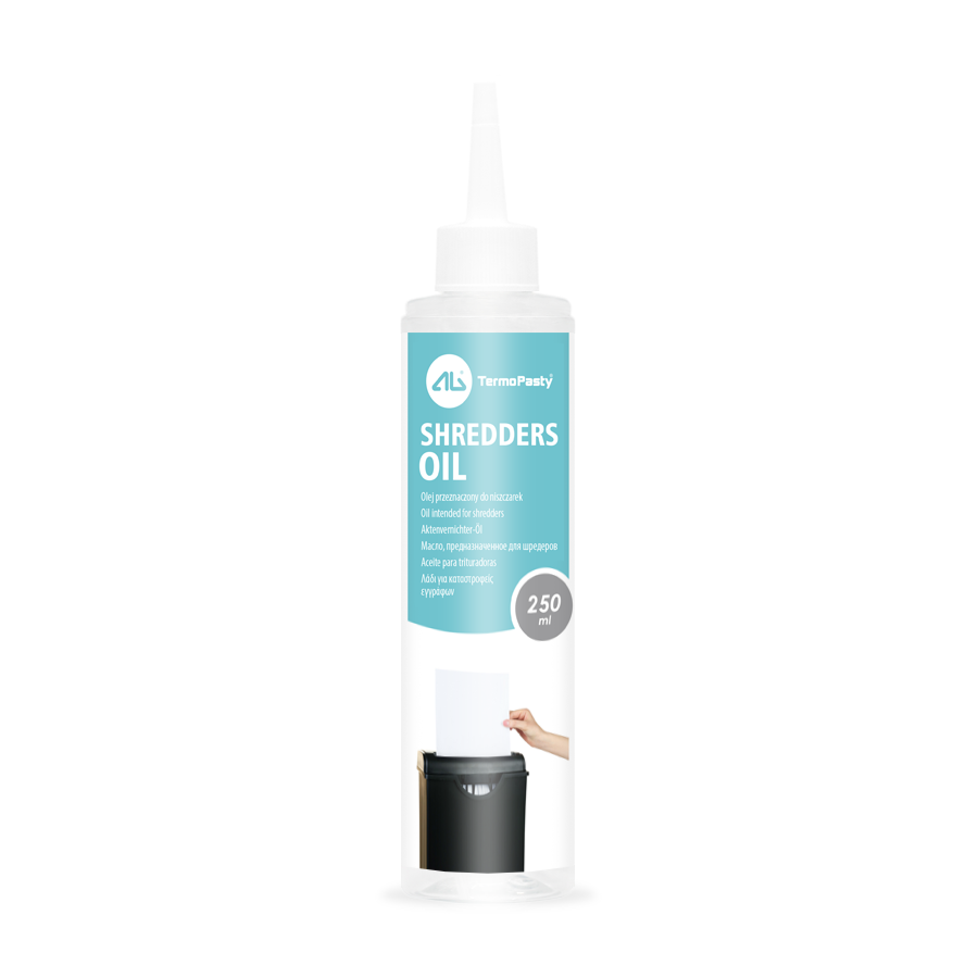 Butelka oleju do niszczarek AG TermoPasty o pojemności 250 ml z praktycznym aplikatorem.